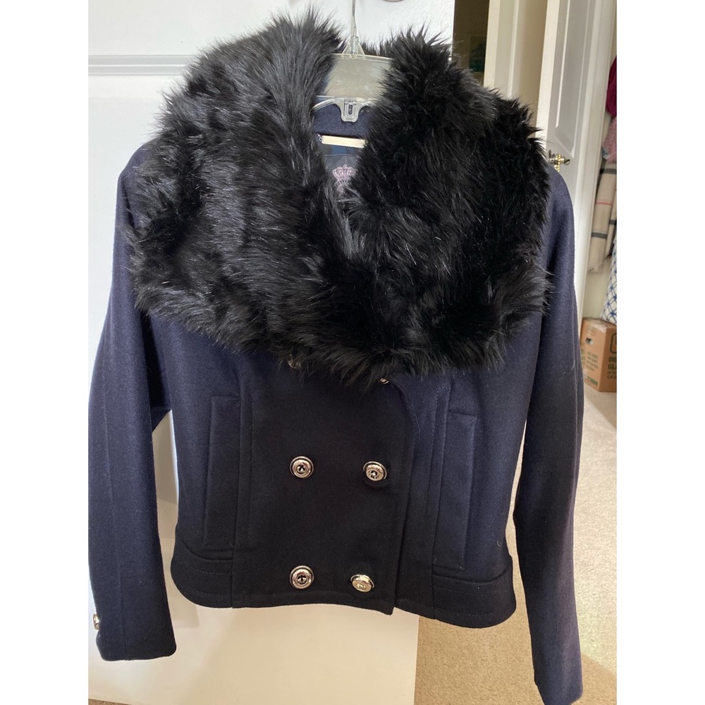 Juicy Couture small navy wool jacket with faux fur